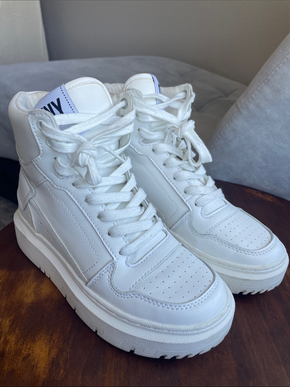 DKNY White High-Top Platform Sneakers - Clean Leather Look